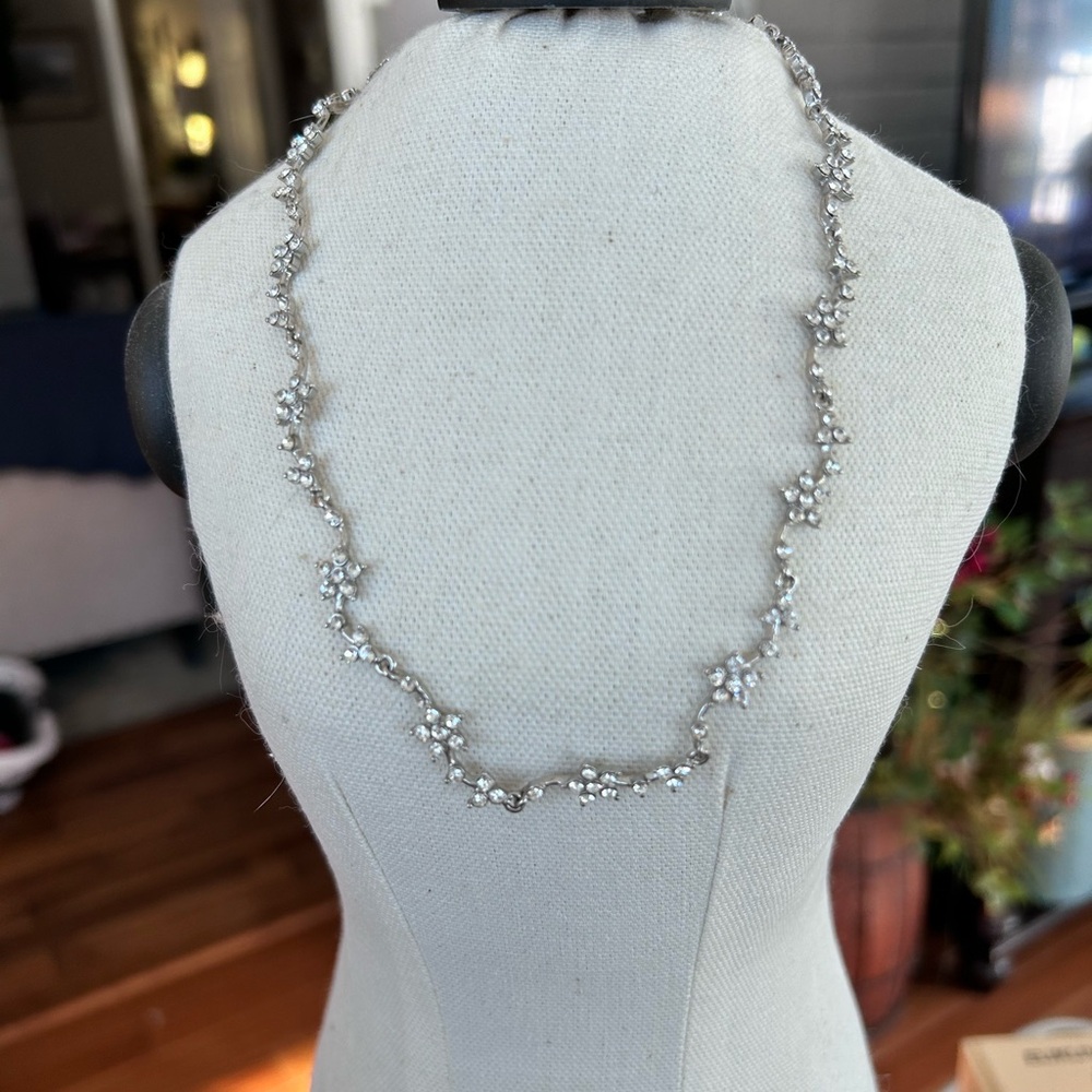 Vintage VCLM Rhinestone Necklace Silver Tone Floral Bridal Wedding or Prom